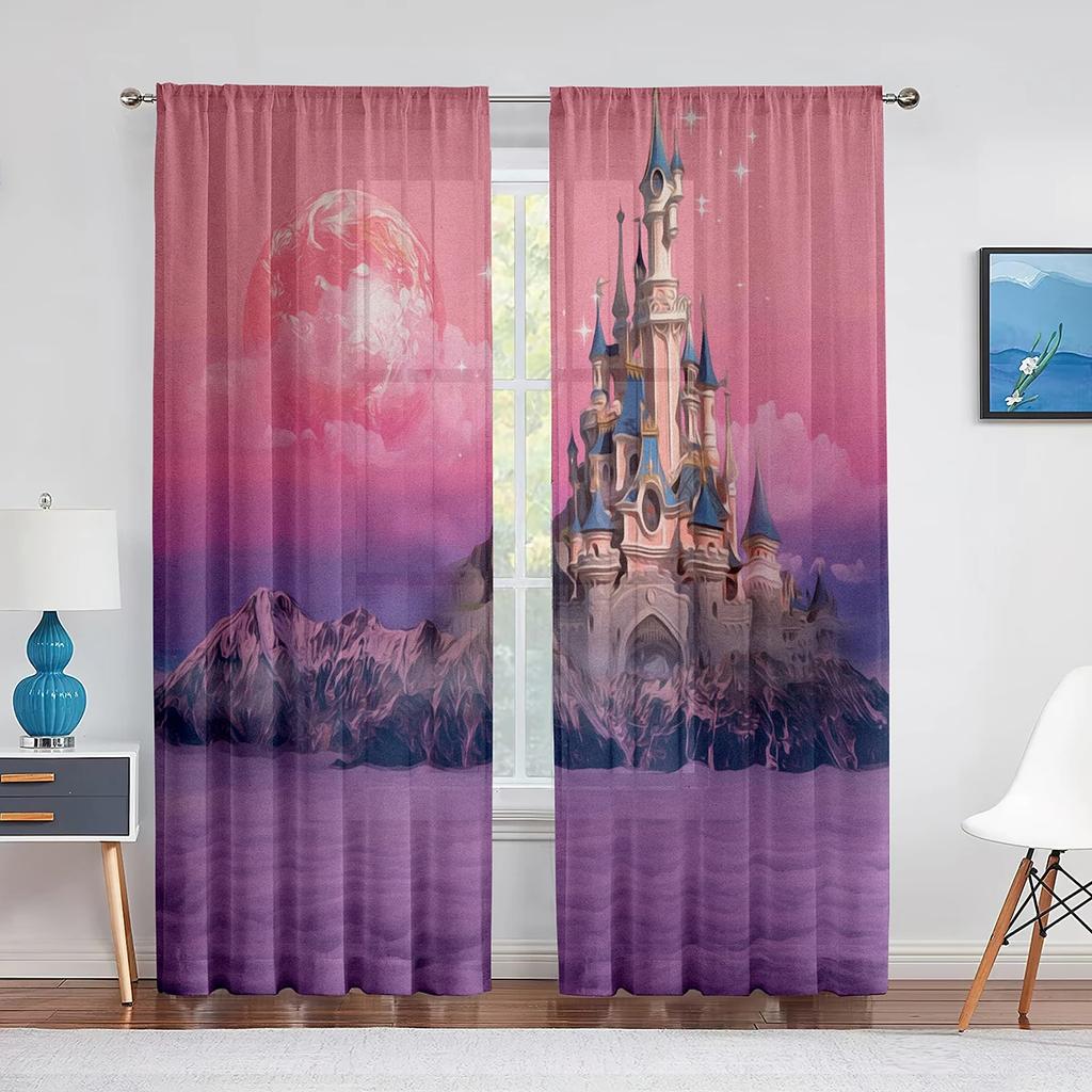Pink Fairytale Castle In The Clouds Sheer Curtains for Living Room Curtain Kids Girls' Bedroom Curtains Window Drapes Decor 2pcs