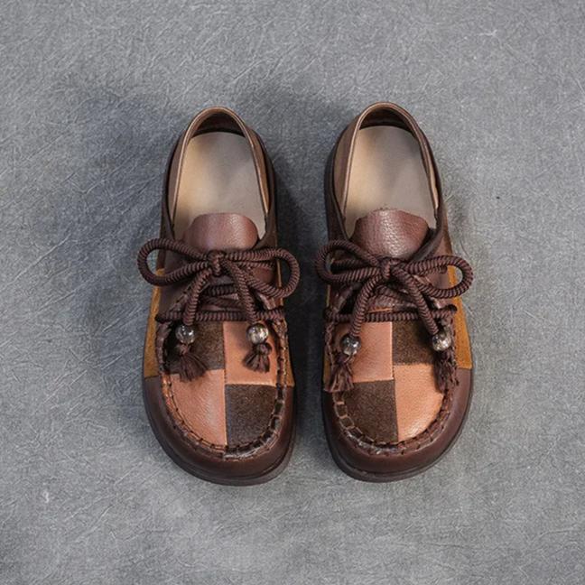 Johnature Retro Genuine Leather Mixed Colors Versatile Comfortable Casual Women's Flat Shoes