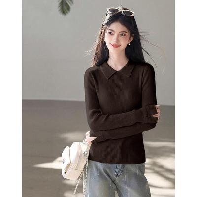MOKANA Women's Slim Fit Casual Lapel Long Sleeve Knit Top
