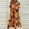 Women Halloween Print Casual Crew Neck Pocket Dress Short Sleeve Loose Fit Holiday Themed Midi Dress Comfortable Style
