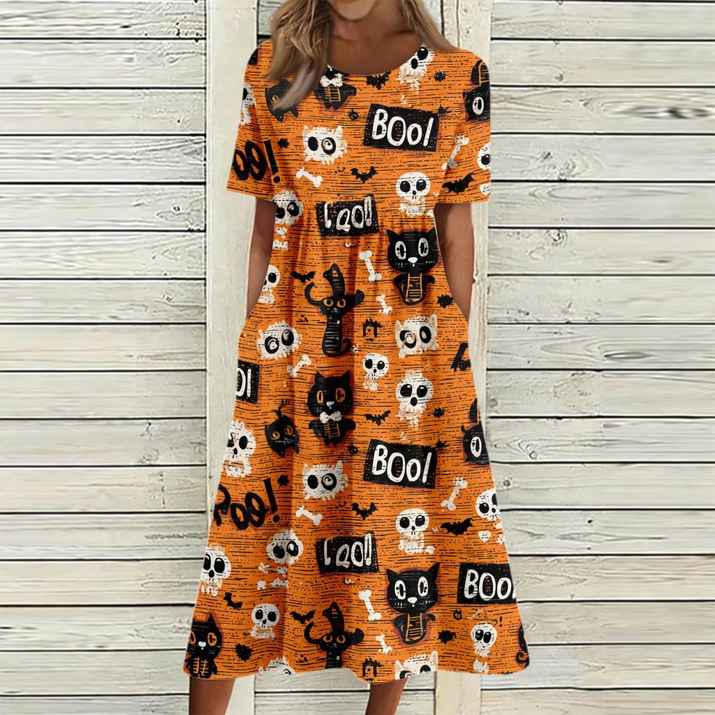 Women Halloween Print Casual Crew Neck Pocket Dress Short Sleeve Loose Fit Holiday Themed Midi Dress Comfortable Style