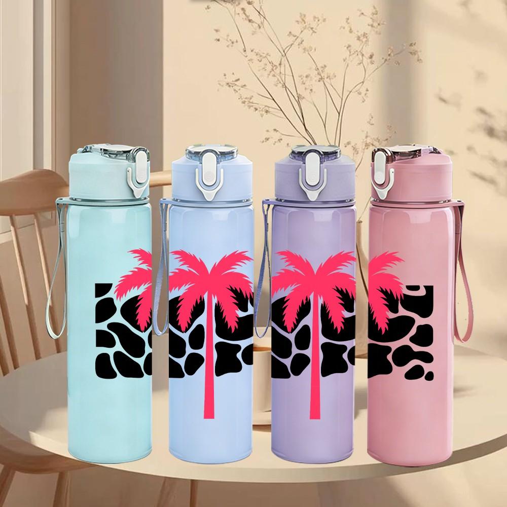 1PC Palm Tree Cow Pattern 750ml Color Plastic Sports Water Bottle Leakproof Flip Straw Lid Suitable for Sports Office Home Use