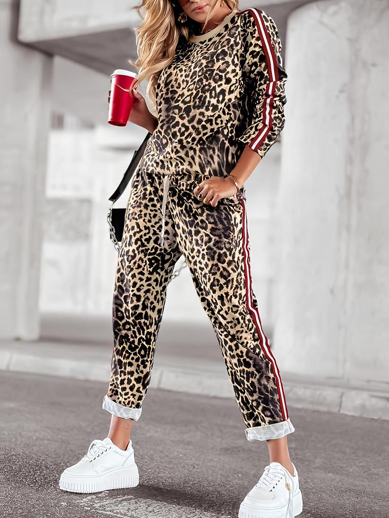 Autumn 2025 Leopard Print Women's Casual Two-Piece Set: Long Sleeve Top & Pants, Euro-American Style