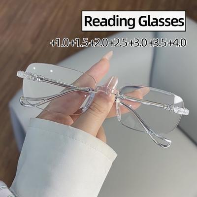 Occhiali da lettura senza montatura anti-luce blu di marca di lusso da donna e da uomo, ad alta definizione, miopi, quadrati, diottrie +1,0 a +4,0