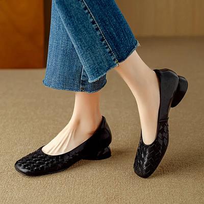 New Cow Leather Chunky Med Heels Shallow Autumn Shoes Slip On Square Toe Casual Elegant Brand Weave Party Women Pumps