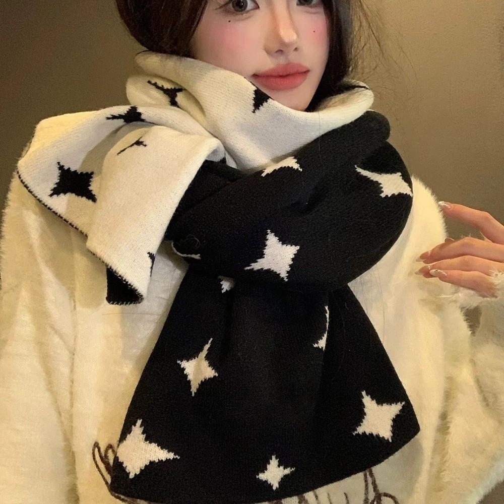 Korean Style Women Winter Scarf Double Side Cashmere Knitted Shawl Star Pattern Neckerchief  Daily
