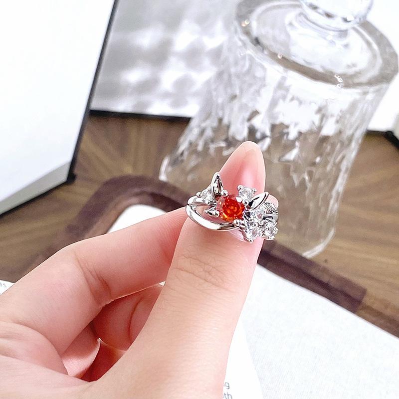 Delicate Colored Treasure Rose Micro-Inlaid Zircon Light Luxury Open Ring Female Niche Design Chain High-End Ring Female