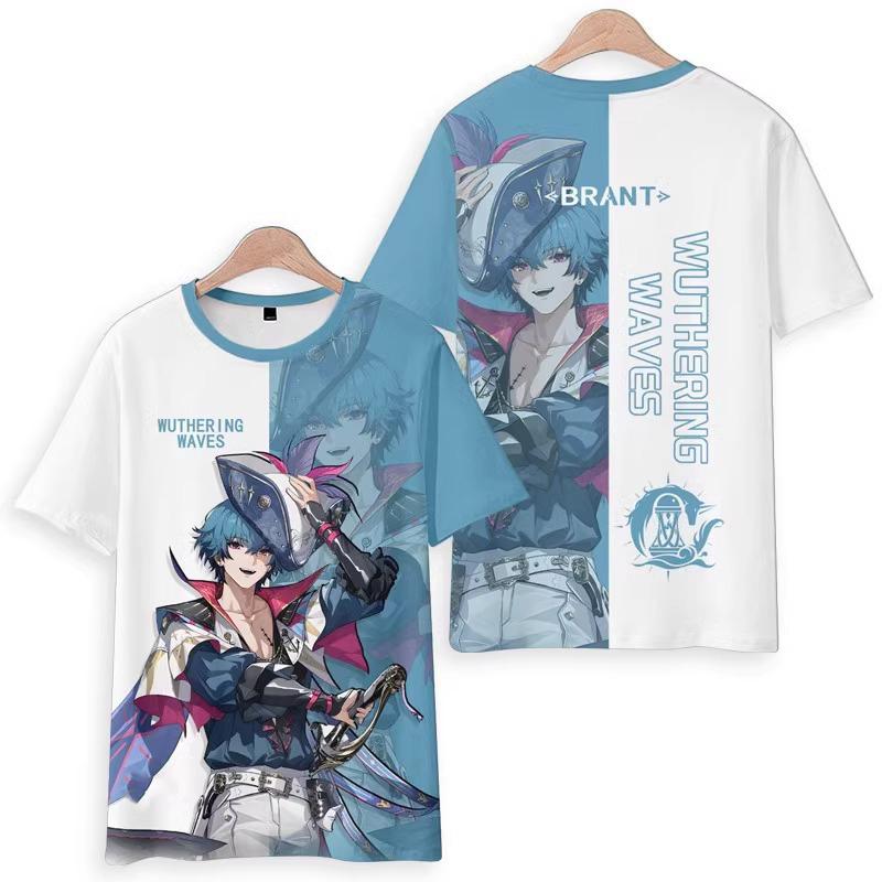 Spiel Anime Charakter 3D Gedrucktes T-Shirt, Beidseitig Rot Weiß Grafik Kurzarm Lässiges Streetwear Oberteil
