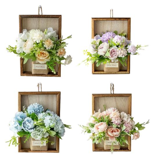 Artificial Hydrangea Wall Hanging Decoration Fake Silk Flower Plants Wooden Fame Decor Home Office Living Room Bedroom Wall Art Ornament