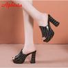 Aphixta 10.5cm Square Heels Platform Slides Women Mules Design Peep Toe Slippers Sandals Summer Cool Shoes Female Big Size 41