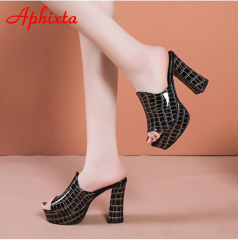 Aphixta 10.5cm Square Heels Platform Slides Women Mules Design Peep Toe Slippers Sandals Summer Cool Shoes Female Big Size 41