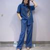 Plus Size Womens Denim Set Rhinestone Short Sleeve Top High Waist Wide Leg Pants Two Piece