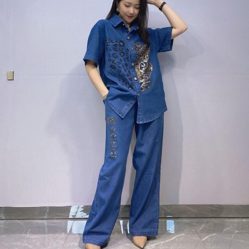 Plus Size Womens Denim Set Rhinestone Short Sleeve Top High Waist Wide Leg Pants Two Piece