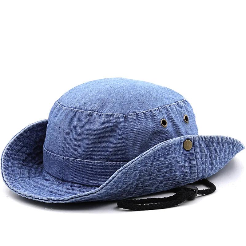 2025 Blue Cowboy Bucket Hat with String Men Denim Beach Sun Hat for Women Outdoor Hiking Couple Bob Panama Summer Fisherman Hat