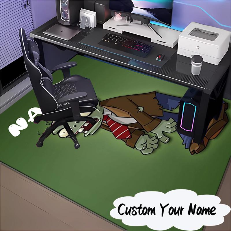 Custom Name Zombie Garden Battle Rug for Living Room, Game Rooms, Office, Bedroom, Floor Mat Playful Design, Fan Gifts Christmas Decor