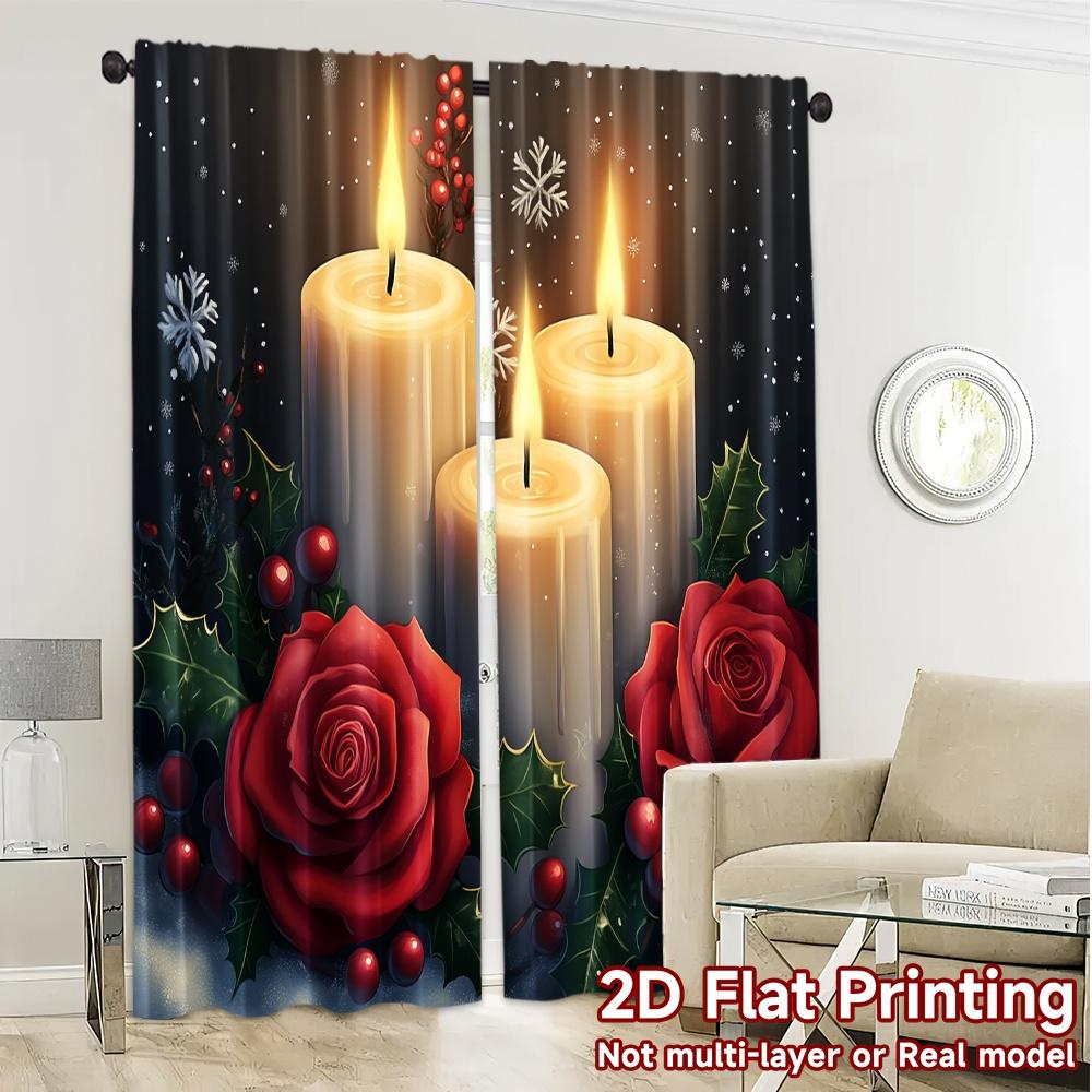 2pcs,Curtains Christmas Candles Holly Rose (3) Popular Fashionable Curtains Versatile Durable Polyester Curtains Outdoor