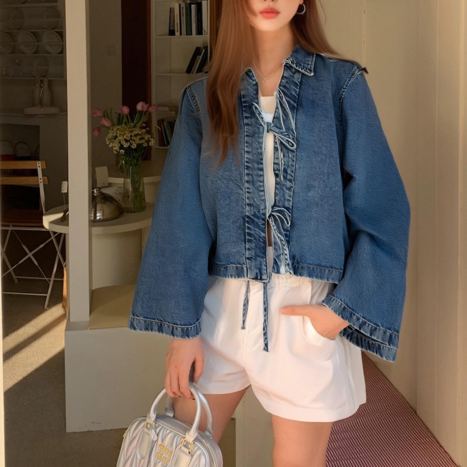 

Жіноча мода Повсякденна джинсова куртка на шнурівці однотонна з лацканами та довгими рукавами L синій