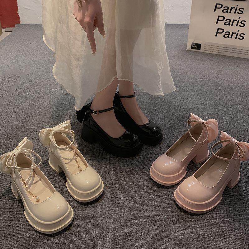 Sweet bow Mary Jane small leather shoes women's spring 2025 new thick-soled thick-heeled wedding shoes bridesmaid shoes