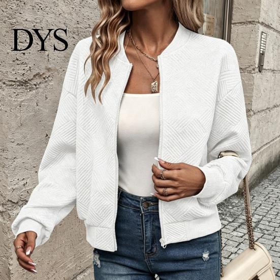 Comfortable Women Workwear Fall Winter Zip-Up Jacket, Solid Color Long Sleeve Casual Jacket Outwear, Round Neck Autumn Coat with Ribbed Collar