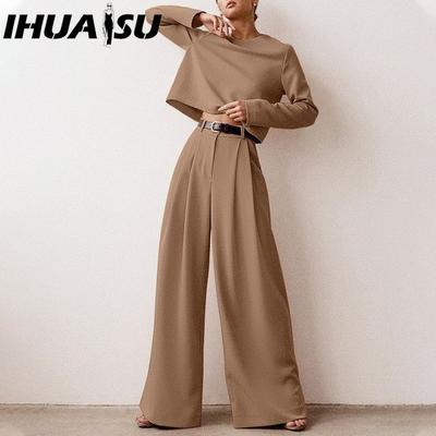 High-quality Fashion All-season Women's Set, Short Top, Solid Color Wide-leg Trousers