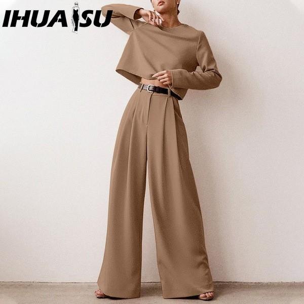 

IHUASU High-quality Fashion All-season Women s Set, Short Top, Solid Color Wide-leg Trousers S хаки