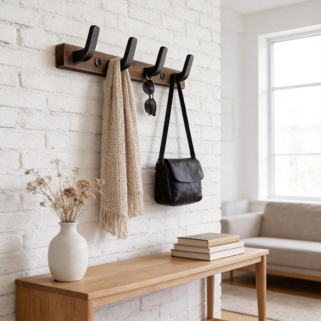Walnut Wood Wall Hook Rack With Hooks For Entryway And Closet Organizer