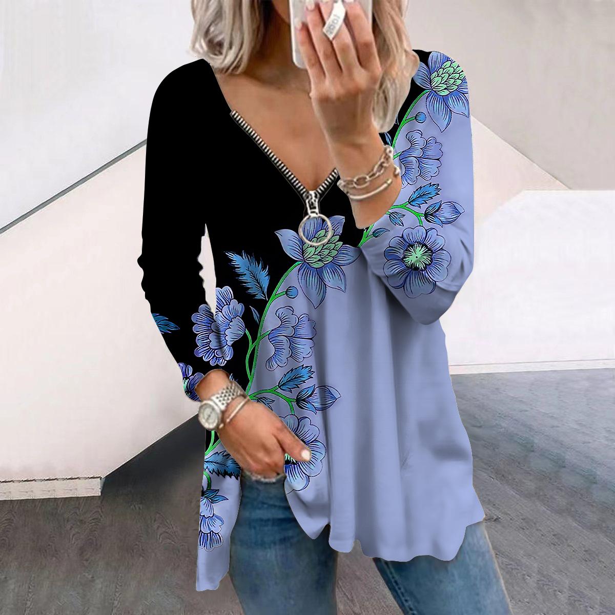 

Женские осенние цветочные черные горошек цветочный принт с длинным рукавом футболки свободные V-образный вырез плюс размер футболка топы удобная блузка 8XL светло-синий