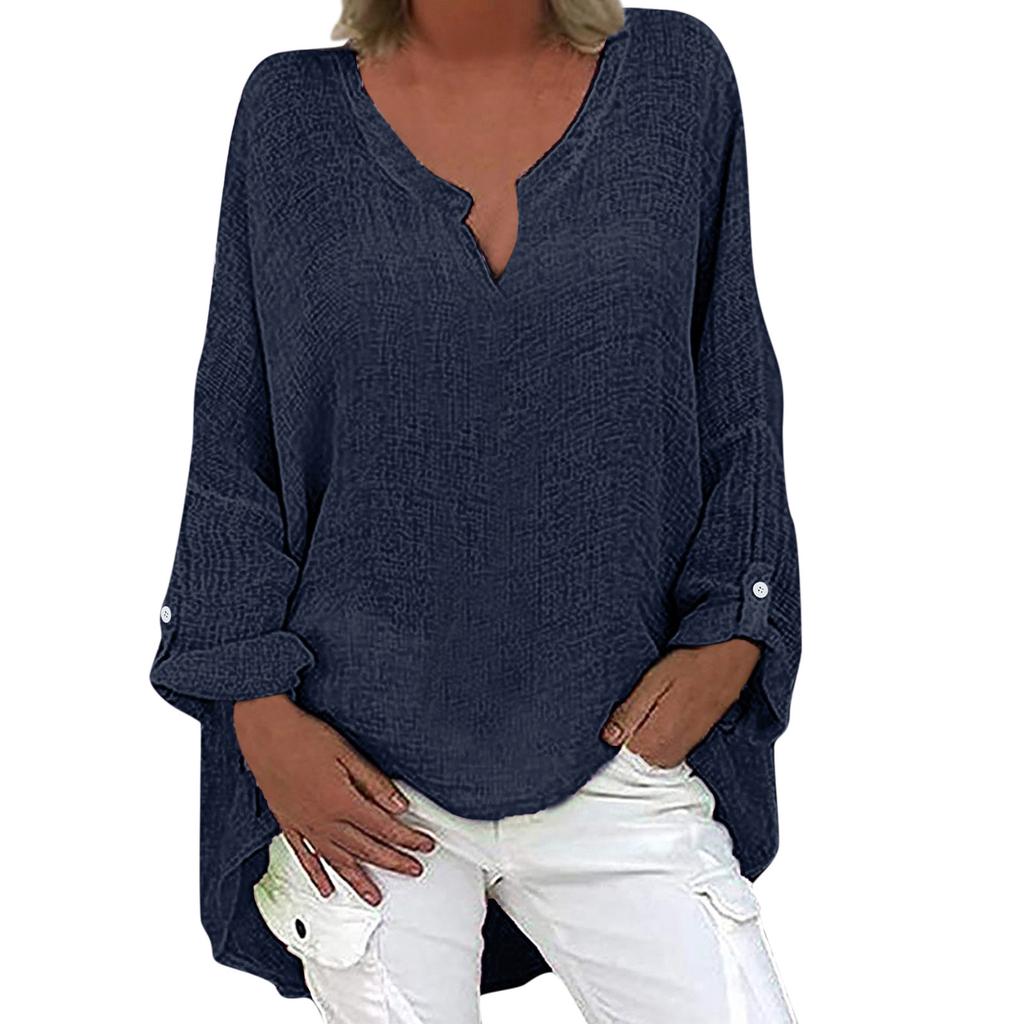 Womens Cotton Linen V Neck Long Sleeve Button Blouse