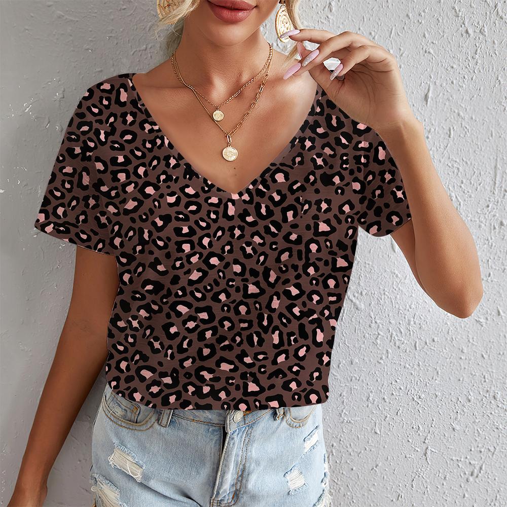Summer Ladies Leopard Print Oversized T-Shirt Retro Fashion Casual Y2k V-Neck Women's Short-Sleeved T-Shirt