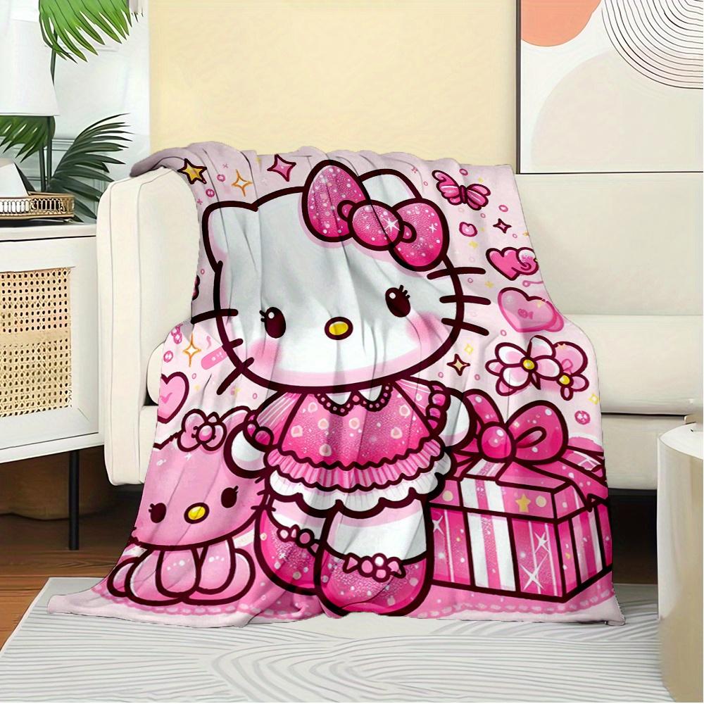 For Hello Kitty, Pink, CuteAnime-Themed Flannel Blanket, Glam Style, Digital Print, All-Season Comfort, Tear-Resistant, Knitted Craftsmanshi