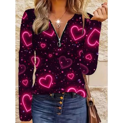 Women's T-shirt with Heart Neon Print Zipper and V-neck Long-sleeved Top - Slim-fitting, Romantic Holiday Style, Suitable for Dates and Outings