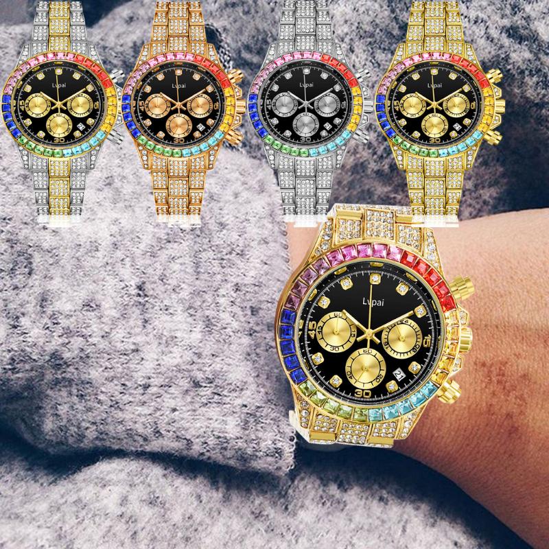 Wristwatch for Men Colour Rhinestone Calendar Quartz Watch Hip Hop Clock