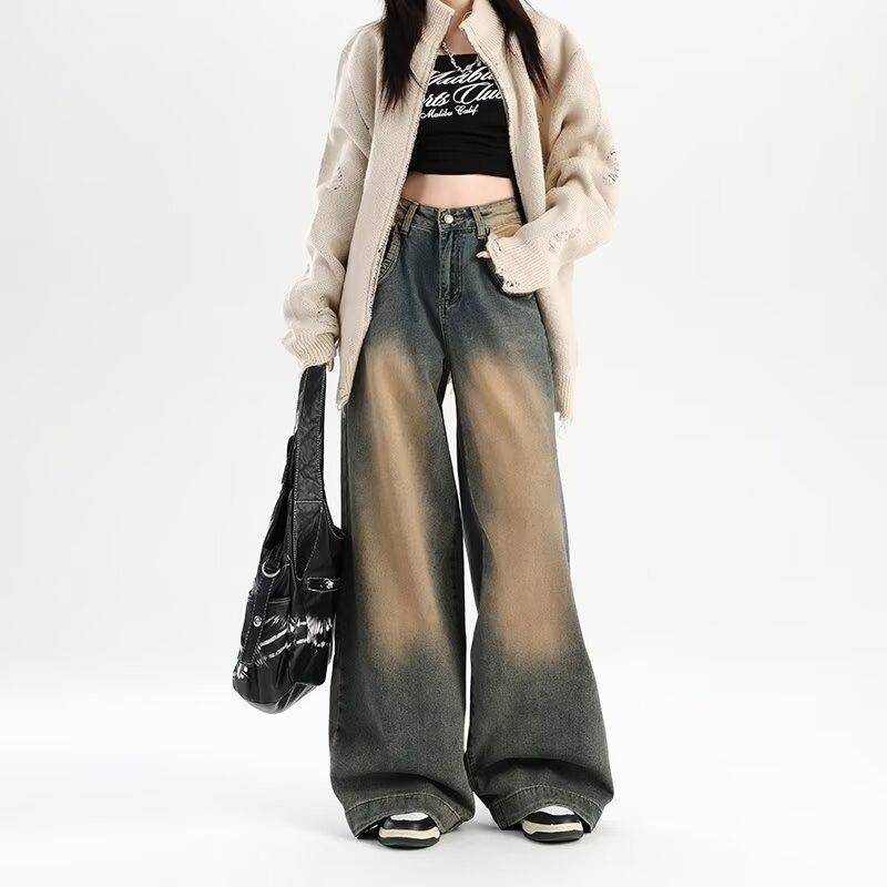 

Женские джинсы с высокой посадкой, широкими штанинами и эффектом стирки - Летний свободный крой, драпирующиеся, длиной до пола. 3XL