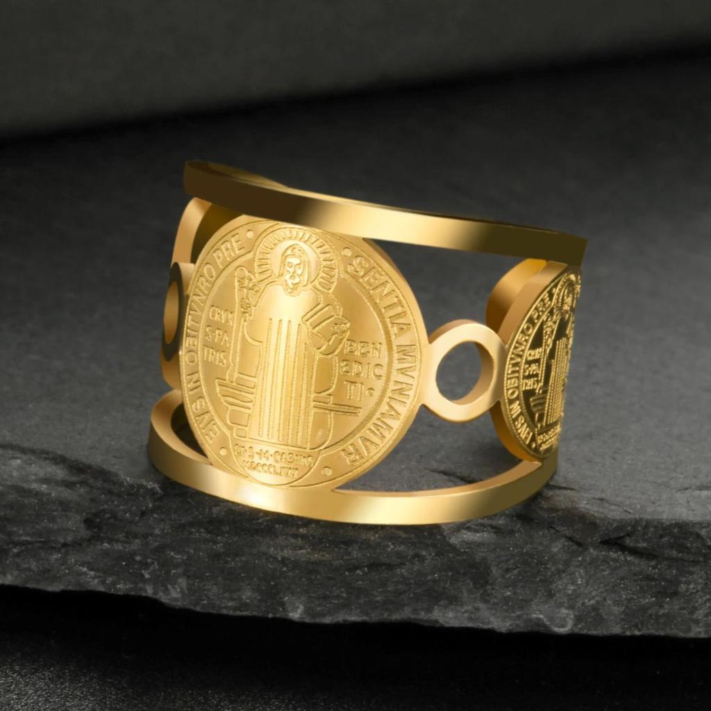 Stainless Steel Religious Adjustable Ring for Men Catholic Christian Faith Amulet Saint Benedict of Nursia Finger Rings Jewelry