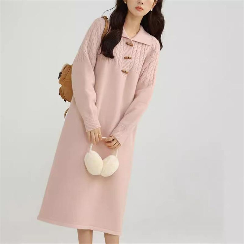 Fashion Casual Lapel Knitted Dress Women's Autumn and Winter New Loose Medium and Long Sweater with Bottom Skirt