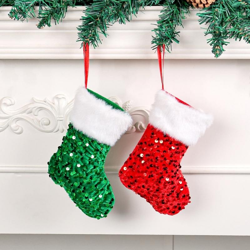 10Pcs Festival Gift Holders Fireplaces Decoration Sparkling Sequins Christmas Stockings with Plush White Rims Decors