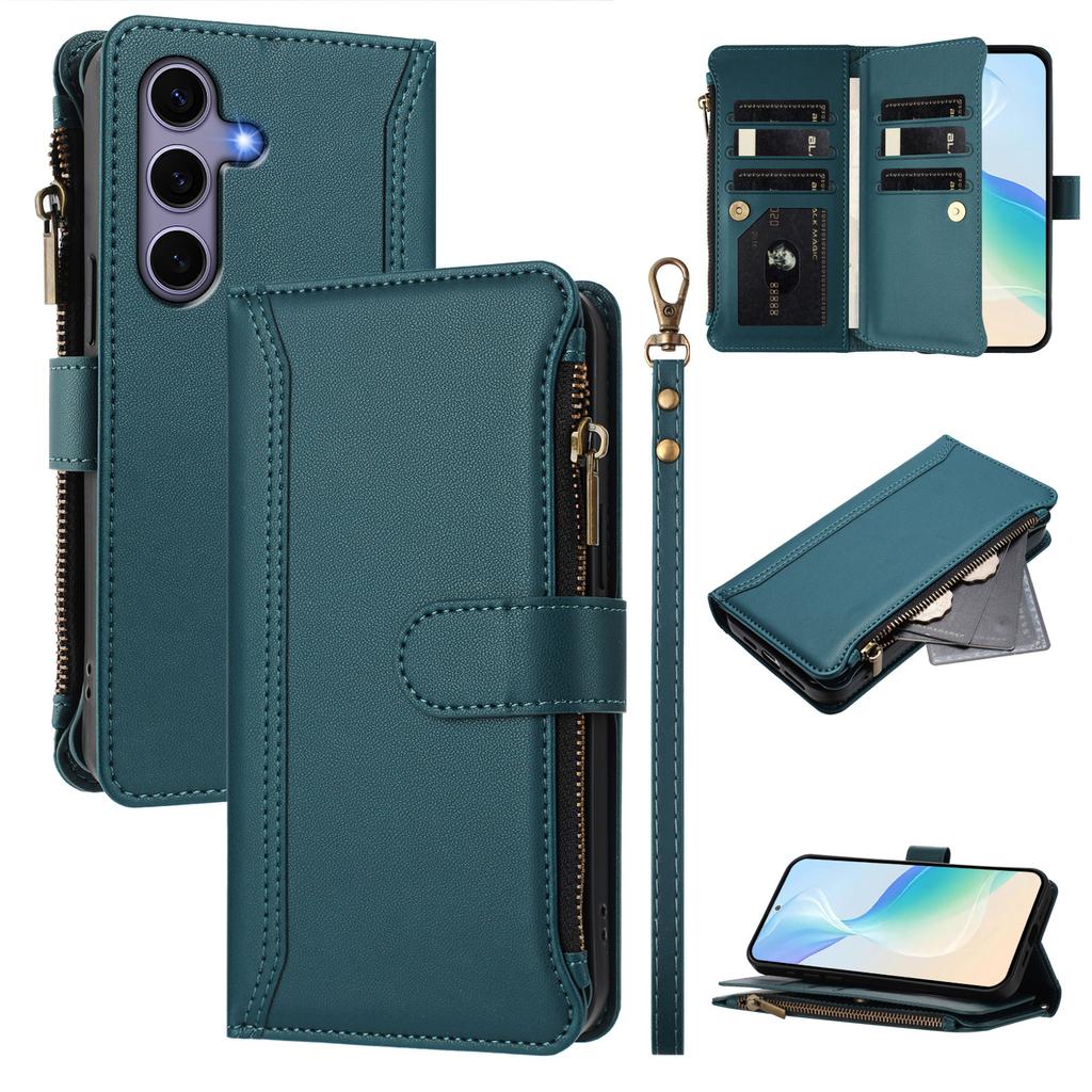 For Samsung Galaxy S24/Galaxy S25 Leather Case 9 Card Slots Zipper Wallet Stand Phone Cover with Wrist Strap