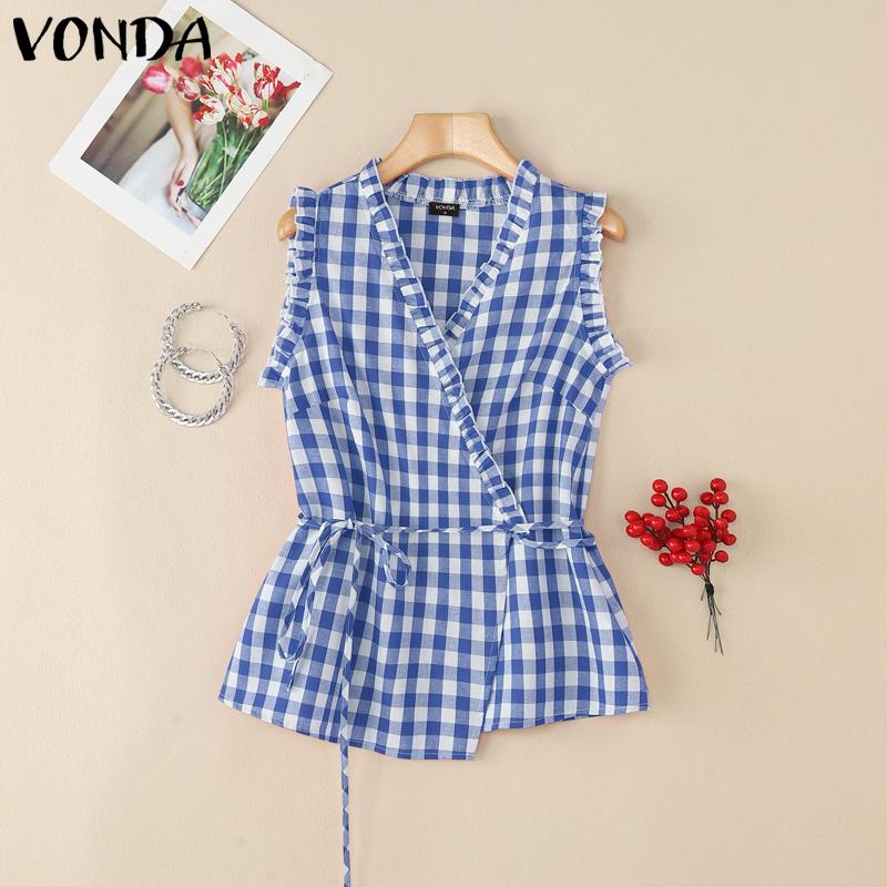 

VONDA Women Ruffled Sleeveless Front Cross Plaid Print Casual Tank Tops M синий