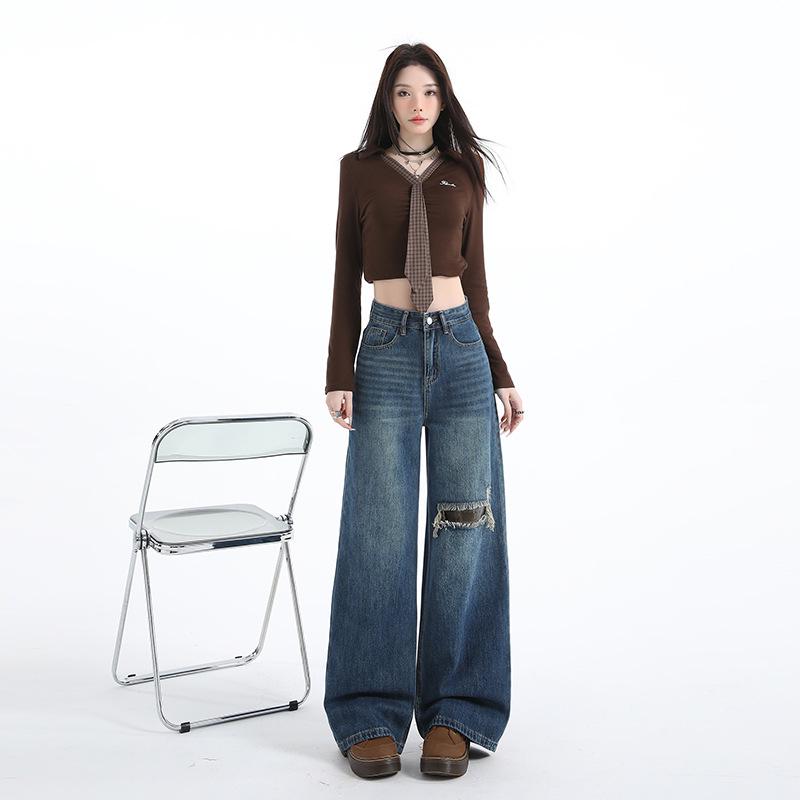 Women s 2026 Retro High-Waisted Wide-Leg Jeans – Faux Ripped, Floor-Length Slimming Pants Medium