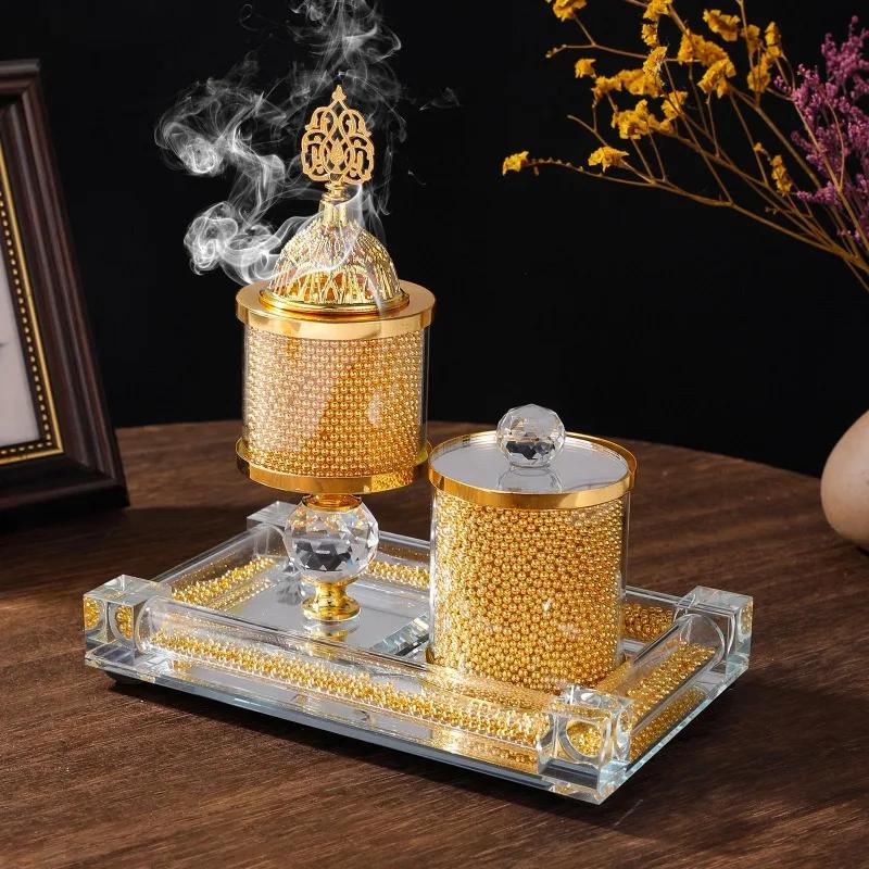 Golden Beads Glass Crystal Incense Burner Living Room Bedroom Crystal Ornaments Arabic Incense Burner Incense Plug