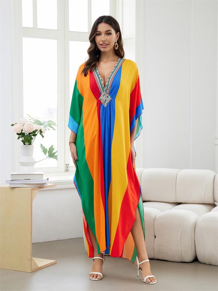 EDOLYNSA Flag Color Printed Boho Hand-knit V Neck Bat Sleeve Beach Dress 2024 Summer Women Loose Kaftan Beachwear Swimsuit Cover Up