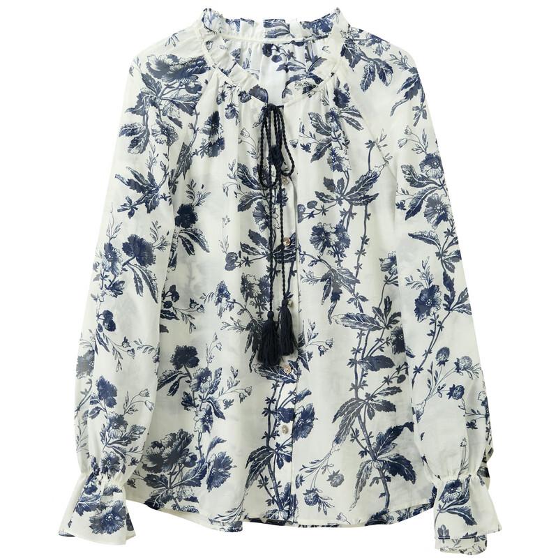 Sancai 2026 Spring Ruffle Round Neck Printed Blouse