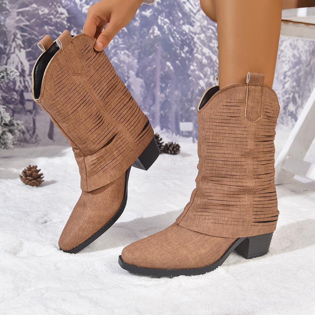 Fashion Thick-heeled Pointed-toe Short-leg Pants Ankle Boots for Women's Shoes 2025 New Style Autumn Winter Retro Western Denim Boots