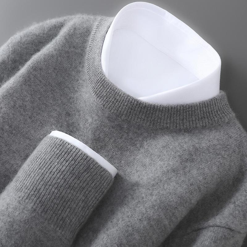 Men's 100% Australian Wool Round Neck Sweater - Casual Business Knitwear for Autumn/Winter