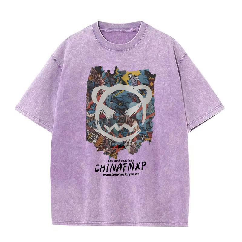 Hip hop washed and worn round neck short sleeve T-shirt fried snowflake retro loose drop shoulder hipster