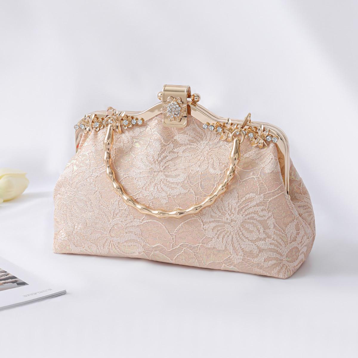 

Chinese Style Clutch Bag Vintage Floral Lace Embroidery Evening Bag with Metal Frame convertible Shoulder Strap for Wedding 25-9.5-16cm