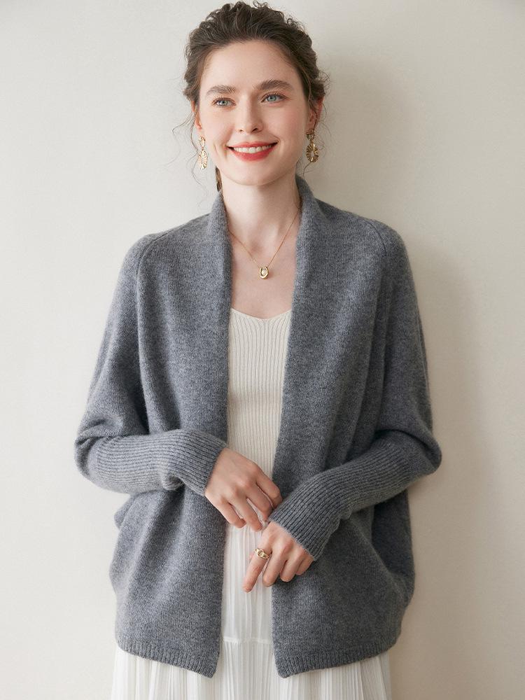 Women's Cashmere Batwing Sleeve Cardigan: Autumn/Winter Shawl Sweater with Silver Thread