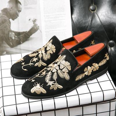 Men's Chinese Embroidered Black Leather Loafers – Large Size Casual Slip-ons