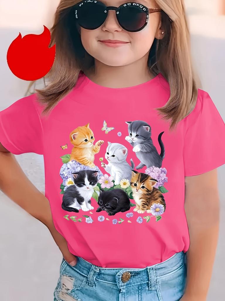 Girls' Cartoon Cat Printed T-Shirt Polyester Summer Elementary Girl Clothes Short Sleeve Children Top Kawaii T-Shirts Girl Tops