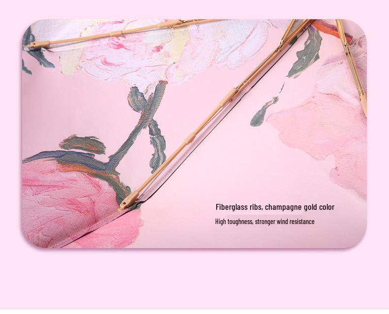 Automatic Black Glue Peony Sun & Rain Umbrella - Double-Layer Anti-UV, Oil Painting Design